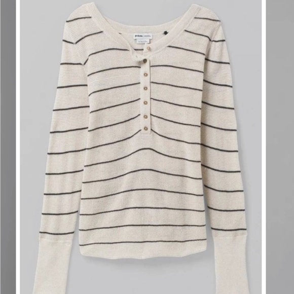 Prana Milani Henley Oatmeal Stripe Size Medium - Picture 2 of 11